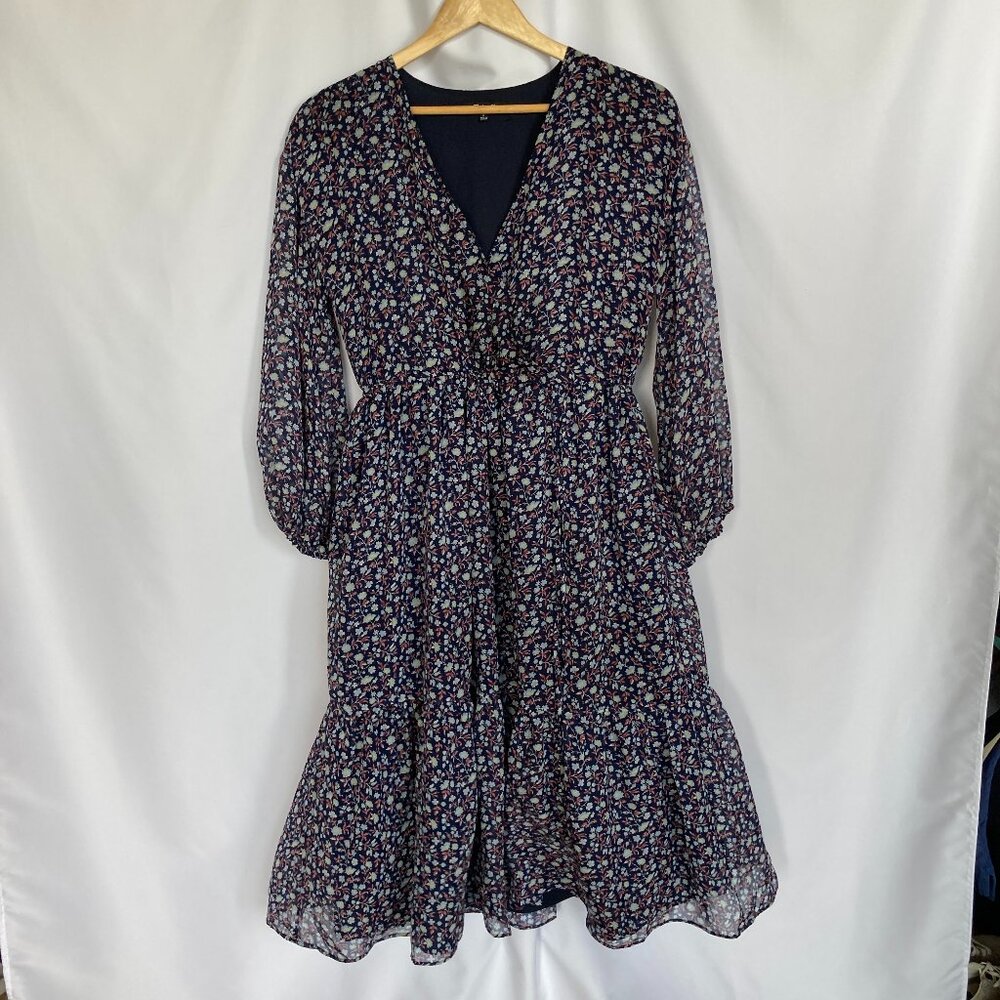 Madewell Women's Floral Tie-Waist V-Neck Tiered Midi Dress Size M EUC
